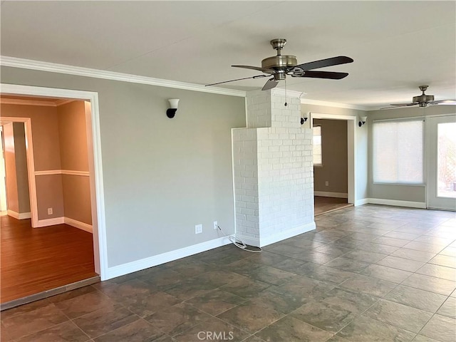 spare room featuring ceiling fan, wood-type flooring, and ornamental molding