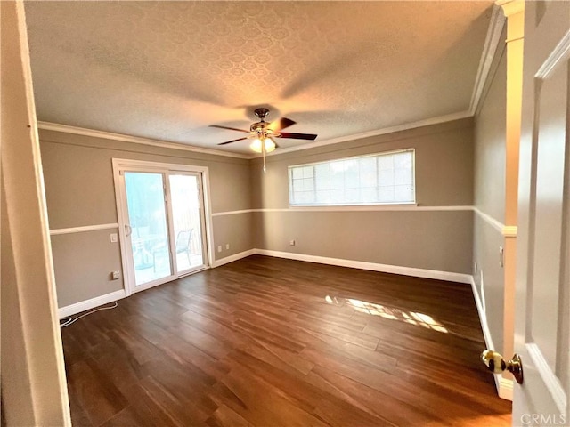 unfurnished room featuring a textured ceiling, ceiling fan, dark hardwood / wood-style floors, and ornamental molding