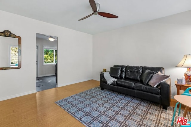 living room featuring ceiling fan and wood-type flooring