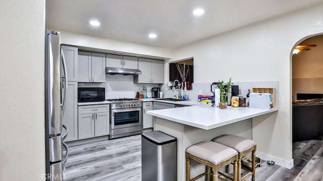 kitchen with kitchen peninsula, appliances with stainless steel finishes, light wood-type flooring, gray cabinetry, and sink