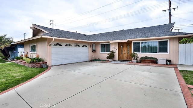 single story home with a front yard and a garage