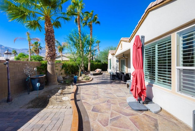 view of patio featuring a mountain view