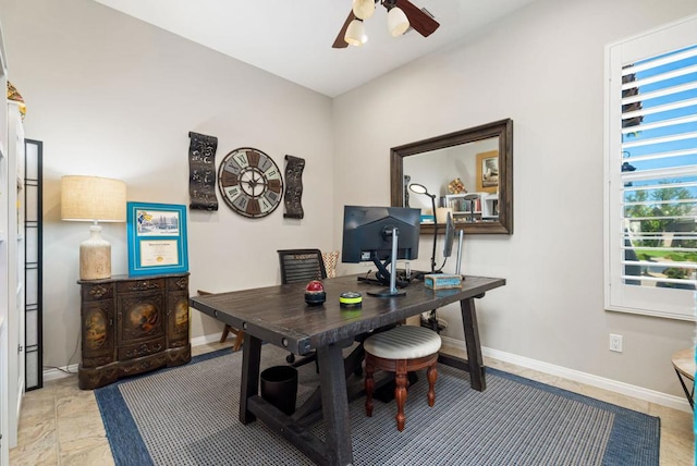 office area featuring ceiling fan and light tile patterned flooring