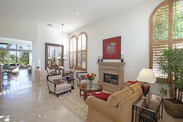 living room featuring a chandelier