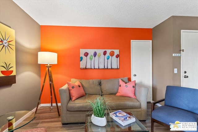 living room with hardwood / wood-style floors and a textured ceiling