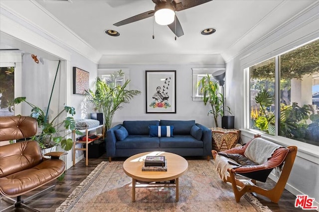 living room featuring wood-type flooring, ceiling fan, and ornamental molding