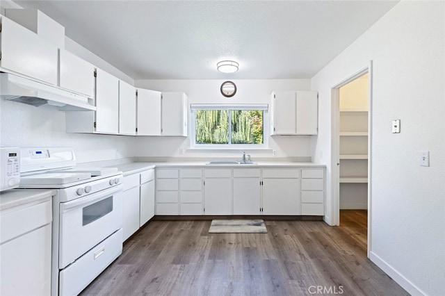 kitchen featuring stove, hardwood / wood-style floors, white cabinets, and sink