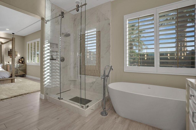 bathroom featuring vanity, a healthy amount of sunlight, and separate shower and tub