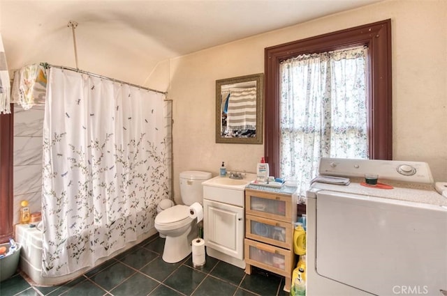 full bathroom with tile patterned floors, toilet, washer / dryer, shower / bath combination with curtain, and vanity