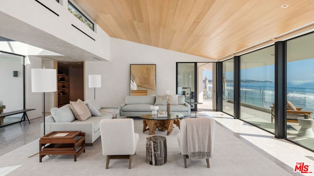 living room featuring lofted ceiling and wood ceiling