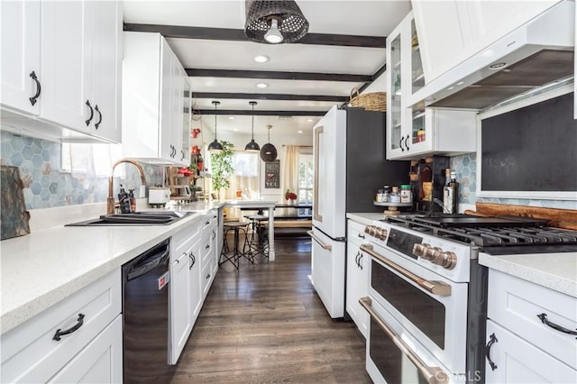 kitchen with dishwasher, high end white range, white cabinetry, and sink