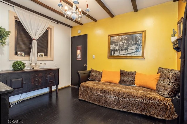 interior space featuring beam ceiling, a chandelier, and hardwood / wood-style flooring