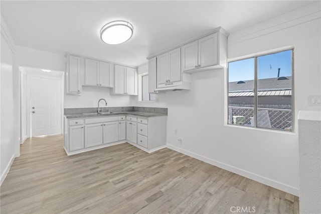 kitchen with sink, white cabinets, light hardwood / wood-style floors, and crown molding