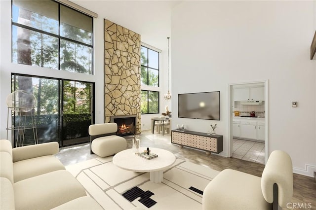 living room featuring a stone fireplace, hardwood / wood-style floors, and a high ceiling