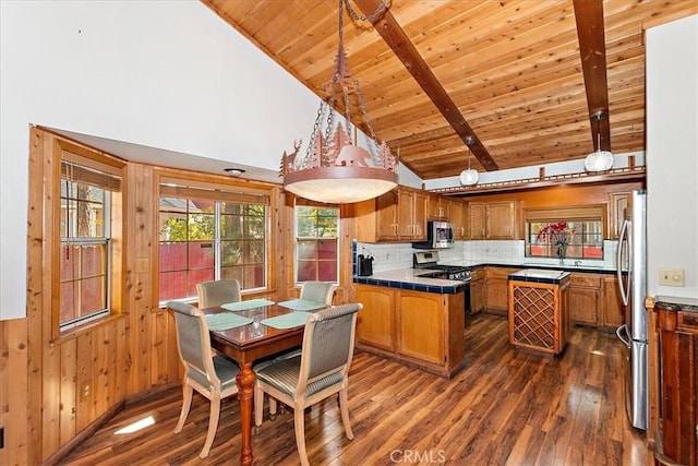 kitchen with wood walls, dark wood-type flooring, high vaulted ceiling, appliances with stainless steel finishes, and tile counters