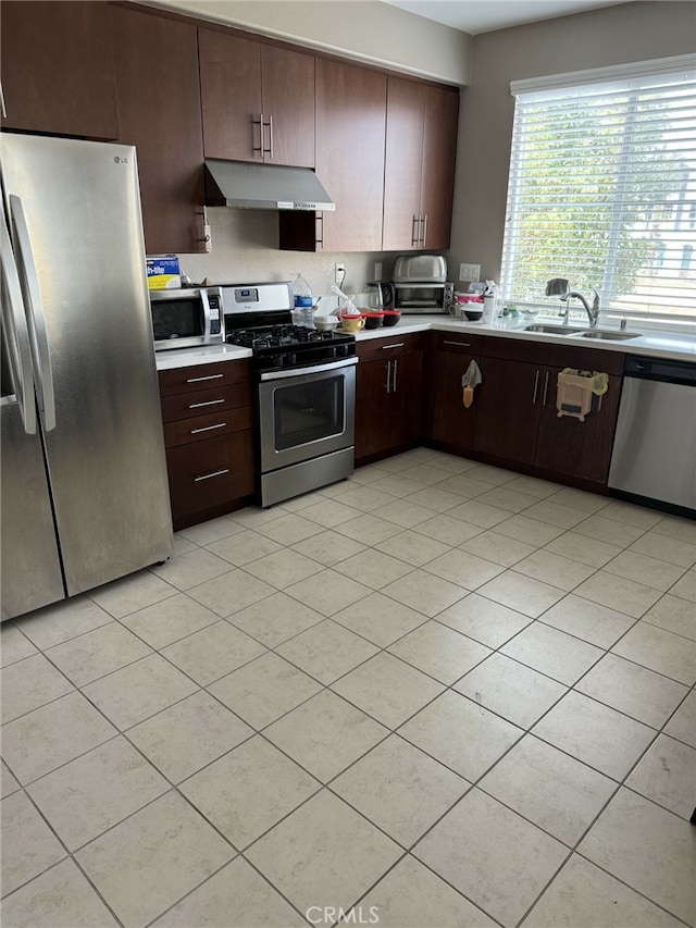 kitchen featuring dark brown cabinets, sink, and stainless steel appliances