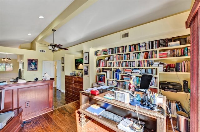 office featuring vaulted ceiling with beams, dark hardwood / wood-style flooring, and ceiling fan with notable chandelier