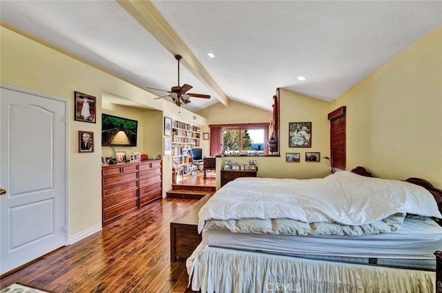 bedroom with hardwood / wood-style flooring, ceiling fan, and vaulted ceiling with beams