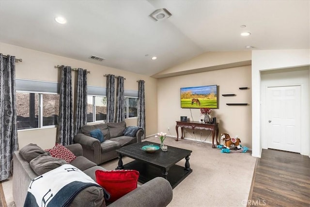 living room with dark wood-type flooring and lofted ceiling