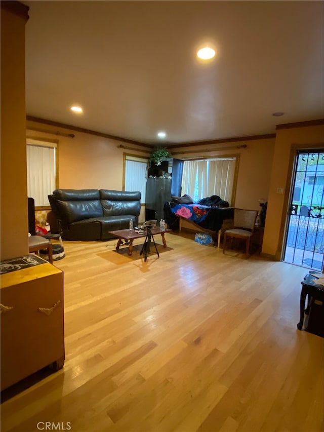 living room with crown molding and hardwood / wood-style floors