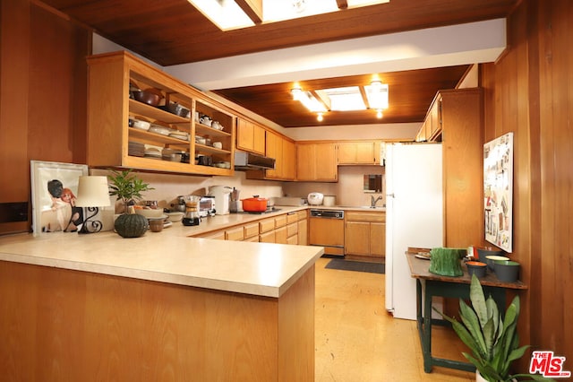 kitchen featuring dishwasher, wooden ceiling, kitchen peninsula, wood walls, and white fridge