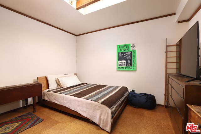 carpeted bedroom with crown molding