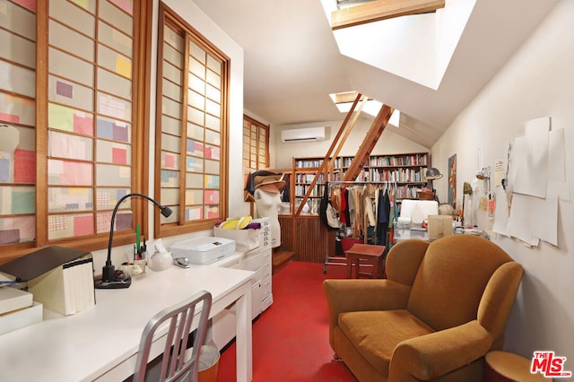 office space featuring dark colored carpet, a wall unit AC, a wealth of natural light, and lofted ceiling