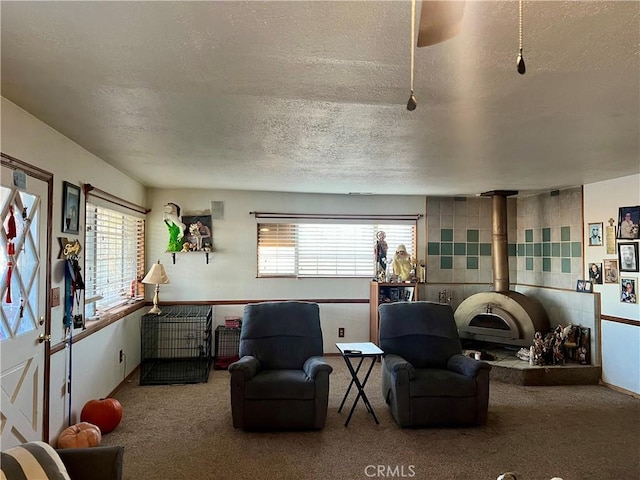 carpeted living room featuring a healthy amount of sunlight and a textured ceiling