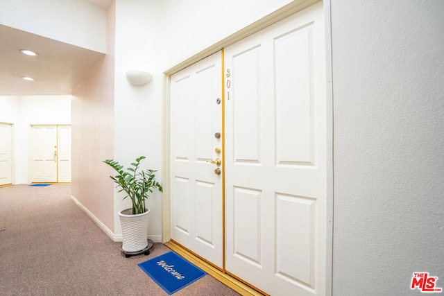 foyer entrance with carpet floors