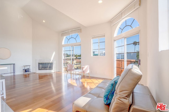 living room with a towering ceiling and light hardwood / wood-style flooring