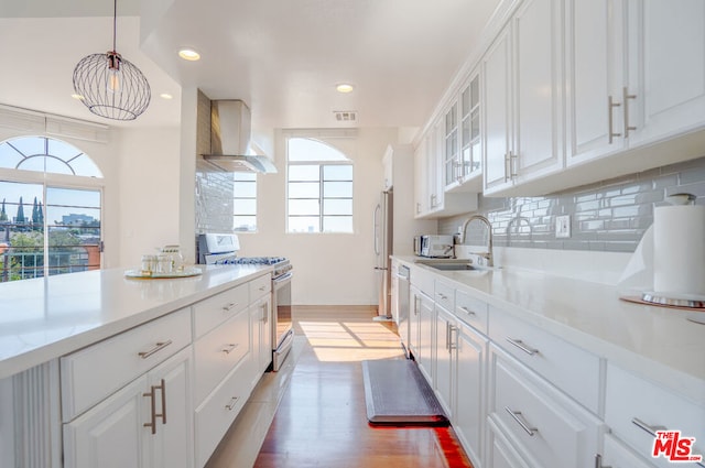 kitchen with appliances with stainless steel finishes, wall chimney exhaust hood, sink, wood-type flooring, and white cabinets