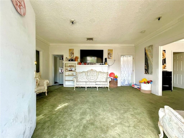 carpeted living room featuring crown molding and a textured ceiling