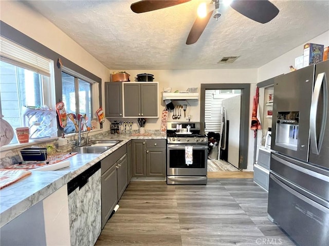 kitchen with appliances with stainless steel finishes, gray cabinetry, a textured ceiling, sink, and light hardwood / wood-style flooring