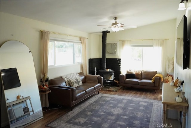 living room featuring dark wood-type flooring, a wealth of natural light, and a wood stove