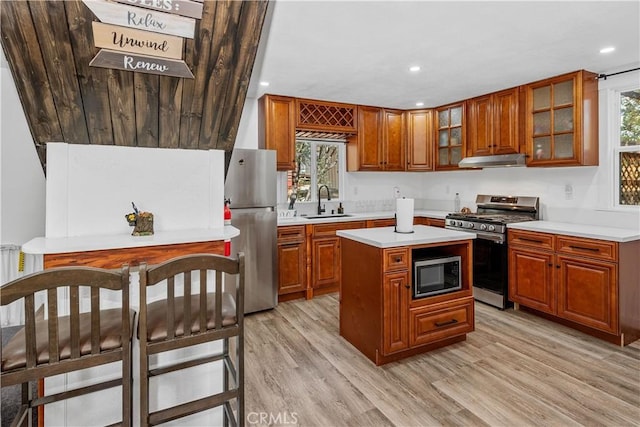 kitchen with a wealth of natural light, a center island, appliances with stainless steel finishes, and light hardwood / wood-style flooring