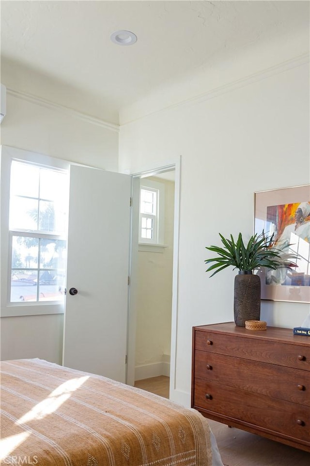 bedroom with multiple windows and light hardwood / wood-style floors