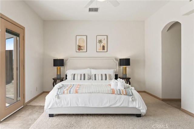 bedroom featuring ceiling fan and access to outside