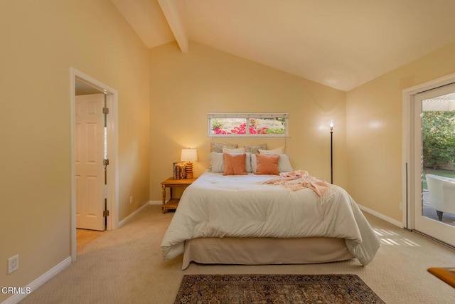 carpeted bedroom featuring lofted ceiling with beams and access to outside