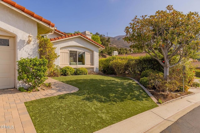 view of yard featuring a mountain view and a garage