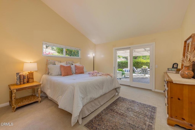 carpeted bedroom with access to exterior, high vaulted ceiling, and multiple windows