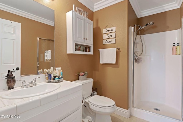 bathroom with walk in shower, vanity, toilet, and ornamental molding