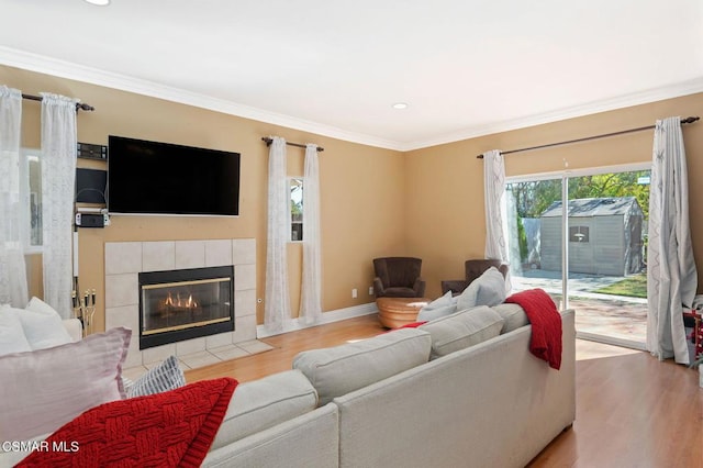 living room with ornamental molding, a fireplace, and light hardwood / wood-style flooring