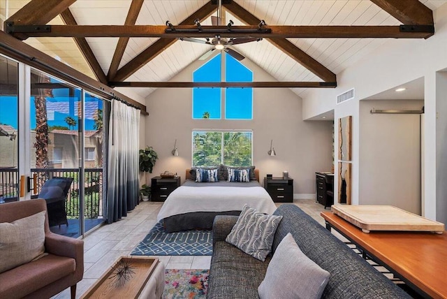 bedroom with access to outside, wood ceiling, beamed ceiling, and high vaulted ceiling