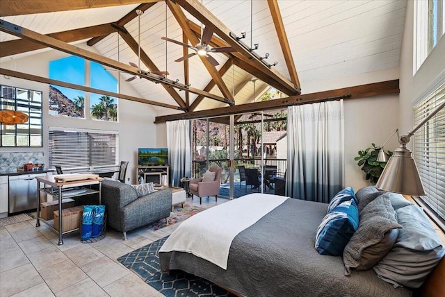 bedroom with high vaulted ceiling, multiple windows, light tile patterned floors, and beamed ceiling