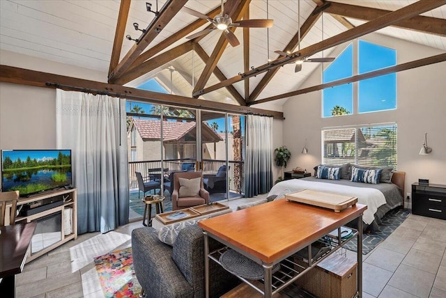 tiled bedroom featuring high vaulted ceiling, beam ceiling, and ceiling fan