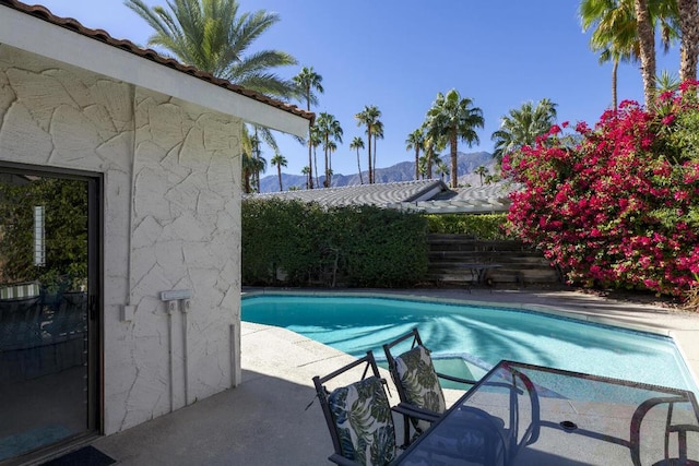 view of swimming pool with a mountain view and a patio