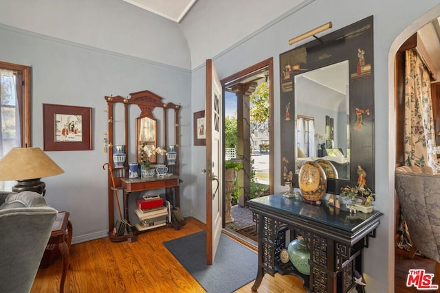 foyer entrance with plenty of natural light, vaulted ceiling, and hardwood / wood-style flooring