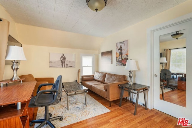 home office featuring light hardwood / wood-style flooring and lofted ceiling