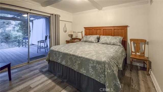 bedroom featuring crown molding, dark hardwood / wood-style flooring, and beamed ceiling