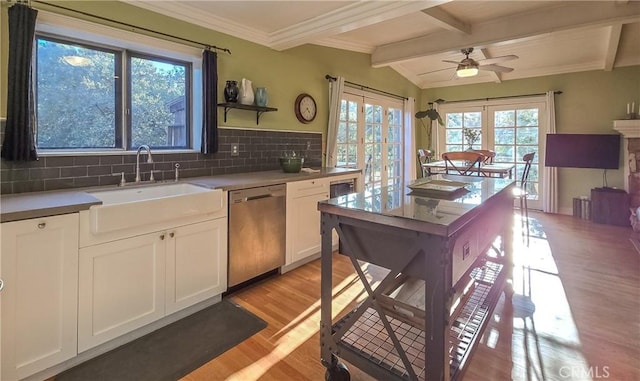 kitchen with ceiling fan, dishwasher, sink, light hardwood / wood-style floors, and white cabinets